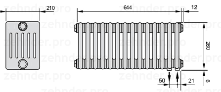 Схема (чертеж) Радиатор Zehnder Charleston 6026/14 №5510 Белый глянцевый RAL 9016
